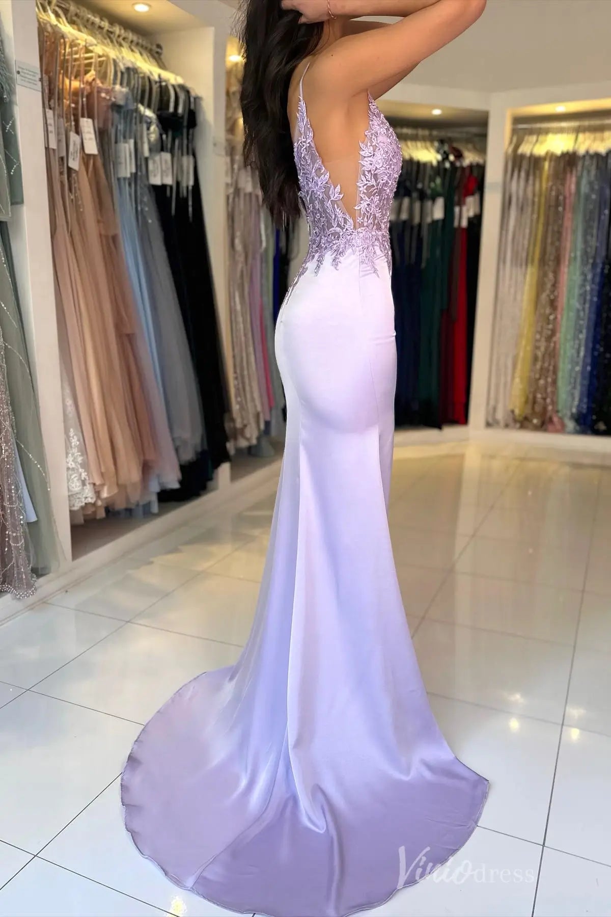 Lilac Satin Mermaid Prom Dress with Sheer Plunging Lace Bodice, Slit, Spaghetti Strap – SS011-prom dresses 2025 -Viniodress-Lilac-Custom Size-
