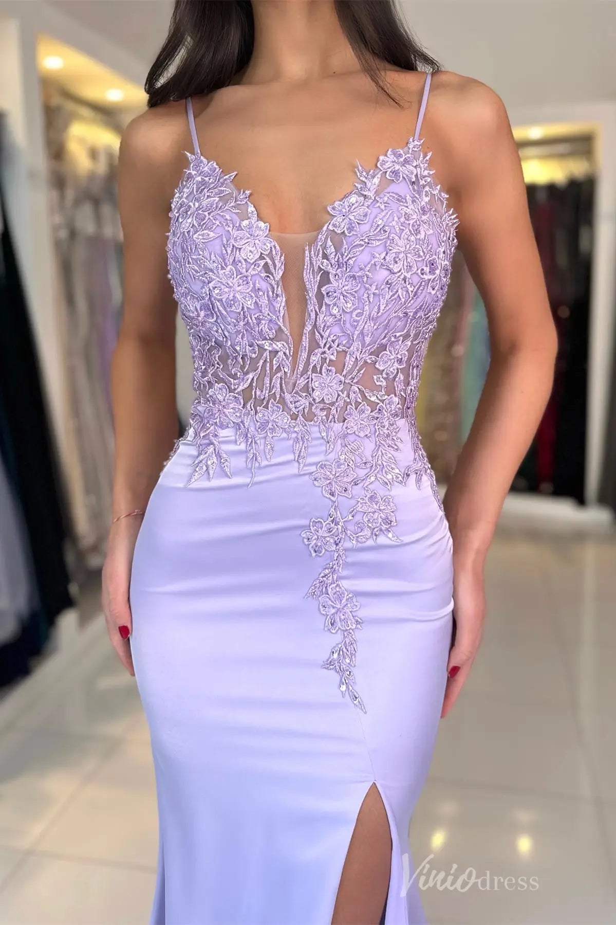 Lilac Satin Mermaid Prom Dress with Sheer Plunging Lace Bodice, Slit, Spaghetti Strap – SS011-prom dresses 2025 -Viniodress-Lilac-Custom Size-