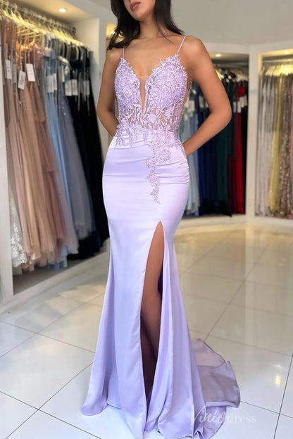 Lilac Satin Mermaid Prom Dress with Sheer Plunging Lace Bodice, Slit, Spaghetti Strap – SS011-prom dresses 2025 -Viniodress-Lilac-Custom Size-