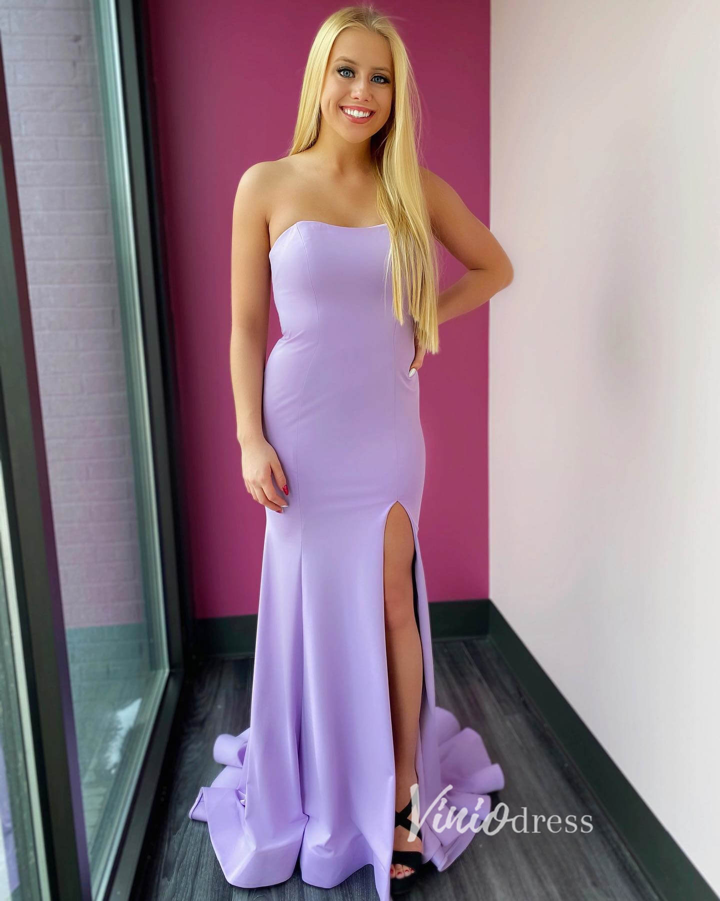 Prom Dress 2025 Lilac Satin Prom Dresses with Slit Mermaid Strapless Evening Dress FD3299-unique prom dresses-Lilac-Custom Size-Viniodress