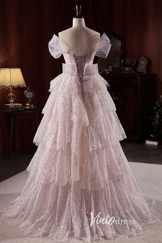 Lilac Sparkly Tulle Ruffle Prom Dresses with Off-the-Shoulder FD3517-prom dresses 2025 -Viniodress-Lilac-Custom Size-