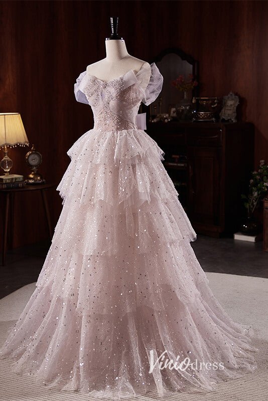 Lilac Sparkly Tulle Ruffle Prom Dresses with Off-the-Shoulder FD3517-prom dresses 2025 -Viniodress-Lilac-Custom Size-
