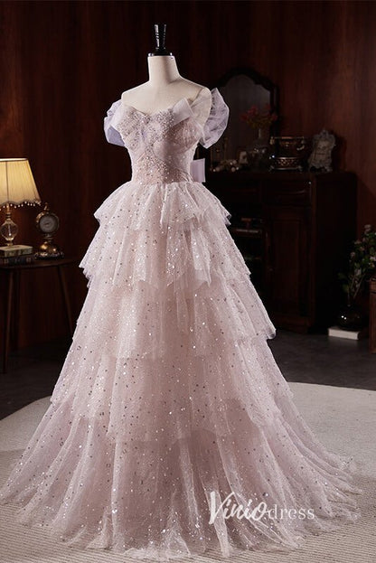 Lilac Sparkly Tulle Ruffle Prom Dresses with Off-the-Shoulder FD3517-prom dresses 2025 -Viniodress-Lilac-Custom Size-