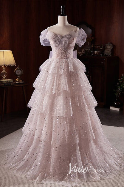 Lilac Sparkly Tulle Ruffle Prom Dresses with Off-the-Shoulder FD3517-prom dresses 2025 -Viniodress-Lilac-Custom Size-