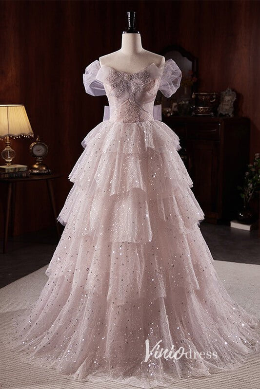 Lilac Sparkly Tulle Ruffle Prom Dresses with Off-the-Shoulder FD3517-prom dresses 2025 -Viniodress-Lilac-Custom Size-