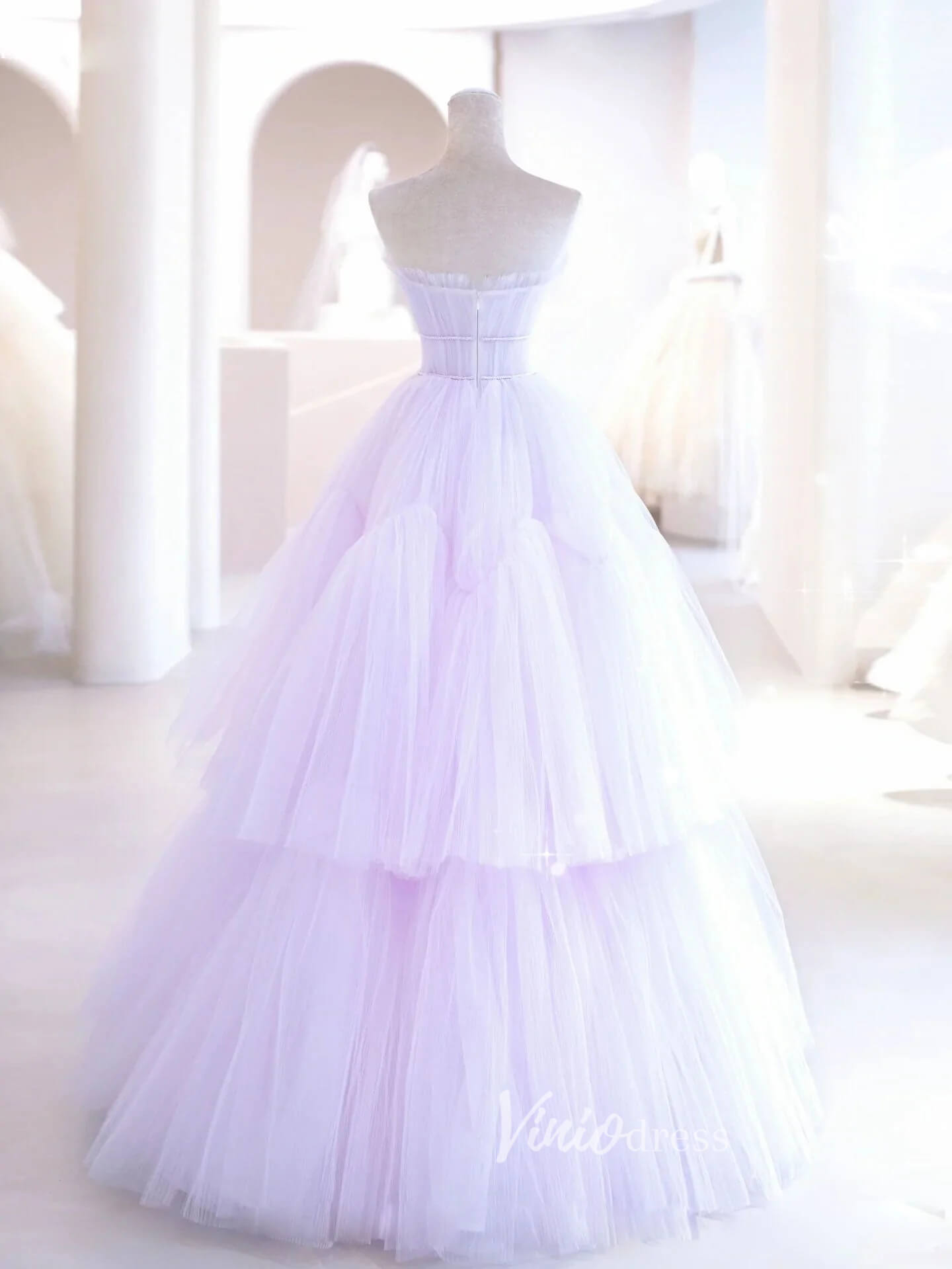 strapless open back dress Lilac Tulle Prom Dresses Tiered Ruffle Evening Dress FD3180 – Viniodress