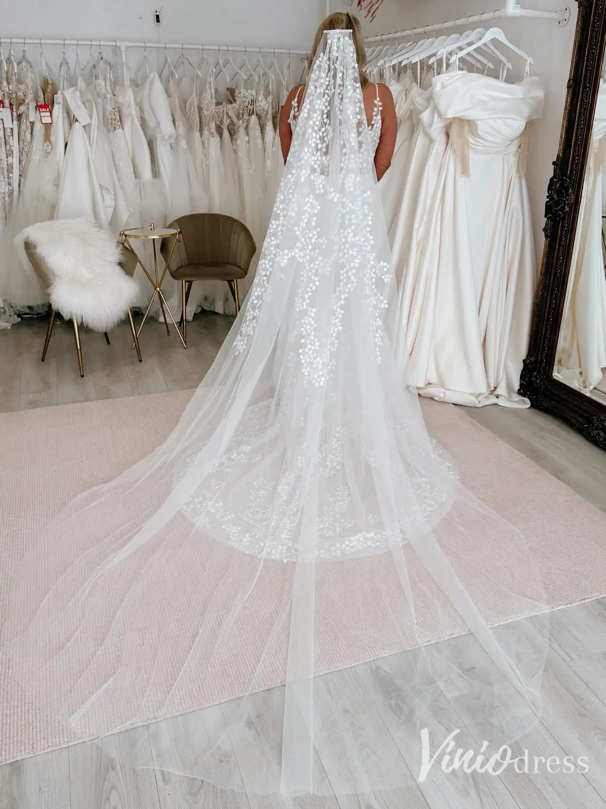 Lily of the Valley Lace Mermaid Wedding Dress with Scalloped Train, Spaghetti Strap – VW2618-wedding dresses 2025 -Viniodress-Ivory-Custom Size-