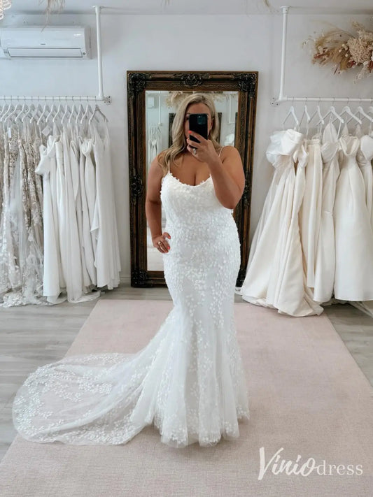 Lily of the Valley Lace Mermaid Wedding Dress with Scalloped Train, Spaghetti Strap – VW2618-wedding dresses 2025 -Viniodress-Ivory-Custom Size-