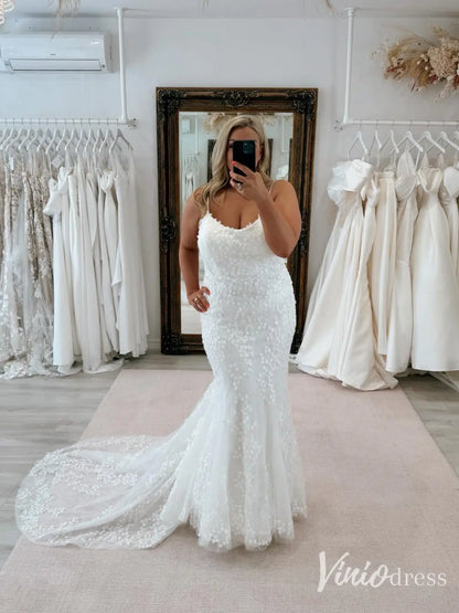 Lily of the Valley Lace Mermaid Wedding Dress with Scalloped Train, Spaghetti Strap – VW2618-wedding dresses 2025 -Viniodress-Ivory-Custom Size-