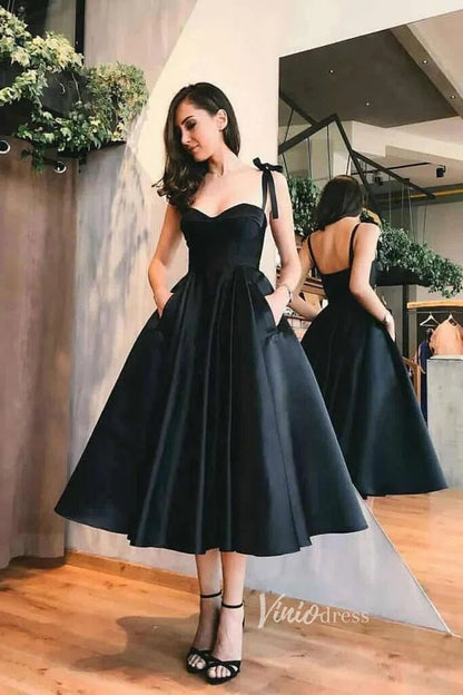 Little Black Tea-Length Prom Dress | Sweetheart A-Line Satin Gown with Thin Straps, Pockets & Boned Bodice SD1167-prom dresses 2025 -Viniodress-Black-Custom Size-