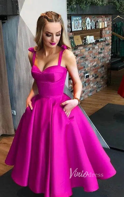 Little Black Tea-Length Prom Dress | Sweetheart A-Line Satin Gown with Thin Straps, Pockets & Boned Bodice SD1167-prom dresses 2025 -Viniodress-Black-Custom Size-