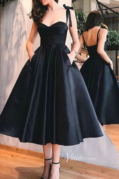 Little Black Tea-Length Prom Dress | Sweetheart A-Line Satin Gown with Thin Straps, Pockets & Boned Bodice SD1167-prom dresses 2025 -Viniodress-Black-Custom Size-
