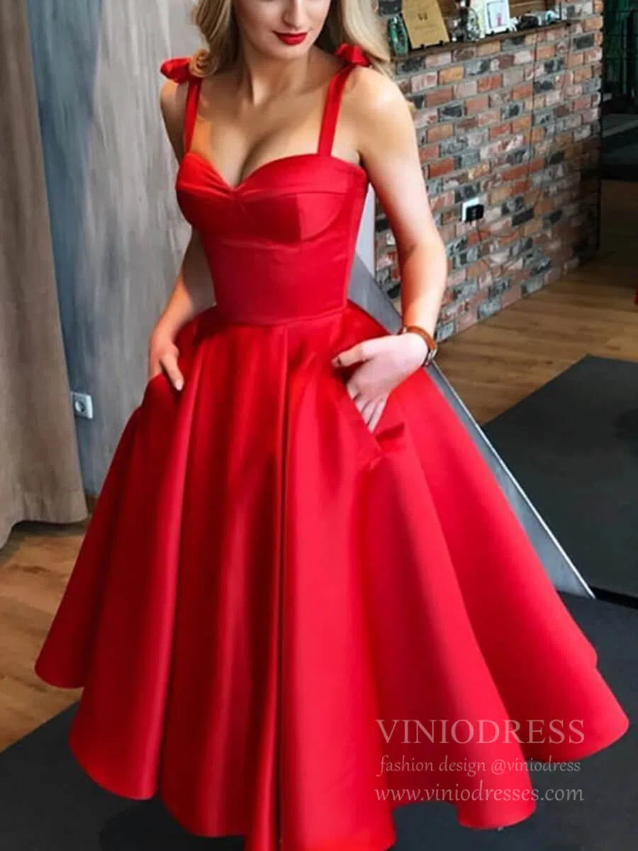 Little Black Tea-Length Prom Dress | Sweetheart A-Line Satin Gown with Thin Straps, Pockets & Boned Bodice SD1167-prom dresses 2025 -Viniodress-Black-Custom Size-