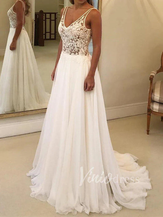 Long Chiffon Beach Wedding Dresses V Neck Lace Bodice VW1206-wedding dresses 2025 -Viniodress-Ivory-Custom Size-