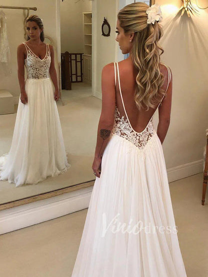 Long Chiffon Beach Wedding Dresses V Neck Lace Bodice VW1206-wedding dresses 2025 -Viniodress-Ivory-Custom Size-