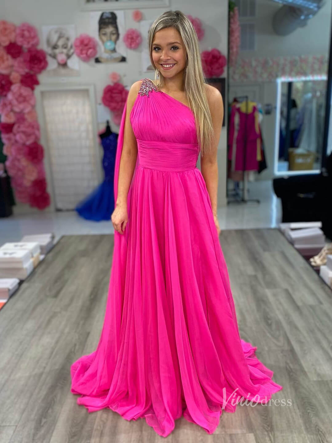 Long Chiffon Prom Dresses One Shoulder Watteau Train Evening Gowns FD2757-prom dresses-Viniodress-Hot Pink-Custom Size-Viniodress