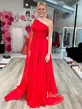 Long Chiffon Prom Dresses One Shoulder Watteau Train Evening Gowns FD2757-prom dresses-Viniodress-Red-Custom Size-Viniodress