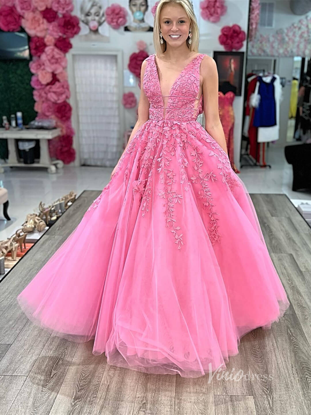 Long Hot Pink Lace Prom Dresses Plunging V - neck A - line Gown FD1265V - 2 - Viniodressprom dressesHot PinkCustom Size - Formal Dresses - Ball Gowns