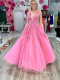 Long Hot Pink Lace Prom Dresses Plunging V-neck A-line Gown FD1265V-2