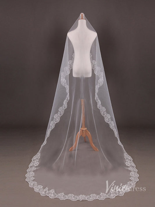 Long Lace Appliqued Bridal Blusher Veil Viniodress-Bridal Veil 2025 -Viniodress-Ivory-102''-