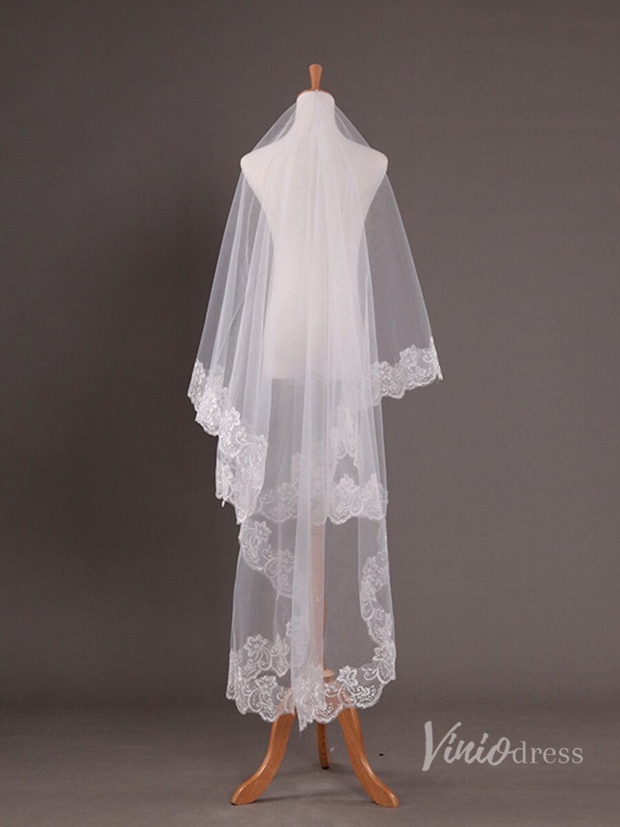 Long Lace Appliqued Bridal Blusher Veil Viniodress-Bridal Veil 2025 -Viniodress-Ivory-102''-
