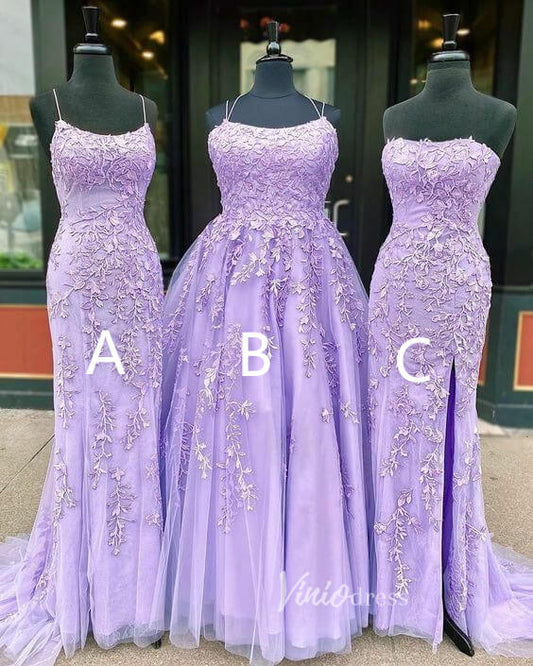 Long Lavender Lace Prom Dresses Lace-Up Back FD1265B-prom dresses 2025 -Viniodress-A-Lavender-Custom Size