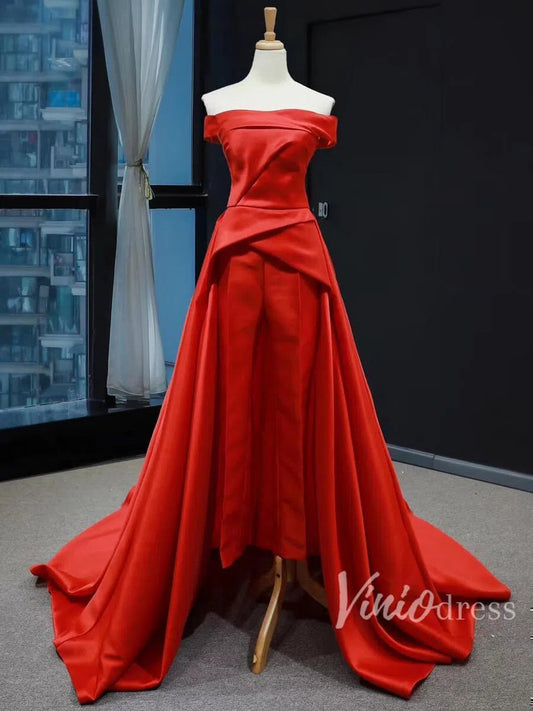 Long Prom Dresses Off Shoulder Red Overskirt Jumpsuits FD1283-prom dresses 2025 -Viniodress-Red-Custom Size-