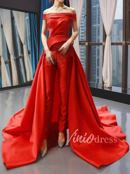 Long Prom Dresses Off Shoulder Red Overskirt Jumpsuits FD1283-prom dresses 2025 -Viniodress-Red-Custom Size-