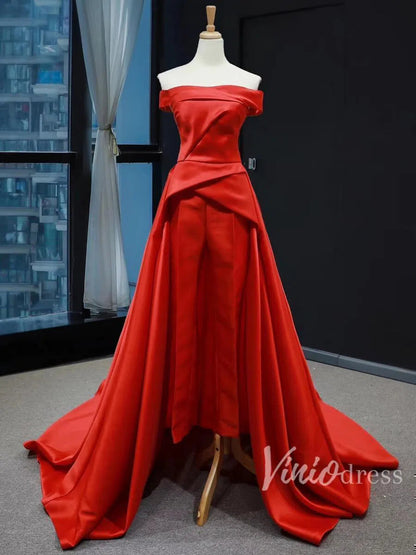Long Prom Dresses Off Shoulder Red Overskirt Jumpsuits FD1283-prom dresses 2025 -Viniodress-Red-Custom Size-