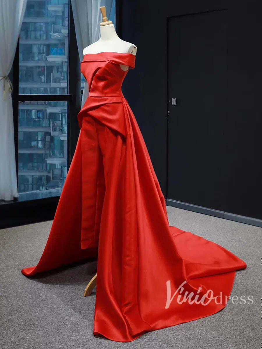 Long Prom Dresses Off Shoulder Red Overskirt Jumpsuits FD1283-prom dresses-Viniodress-Viniodress