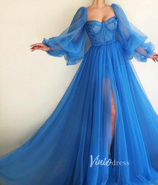 Long Puff Sleeve Blue Formal Dress A-line Tulle Prom Dresses FD2780-prom dresses 2025 -Viniodress-Blue-Custom Size-