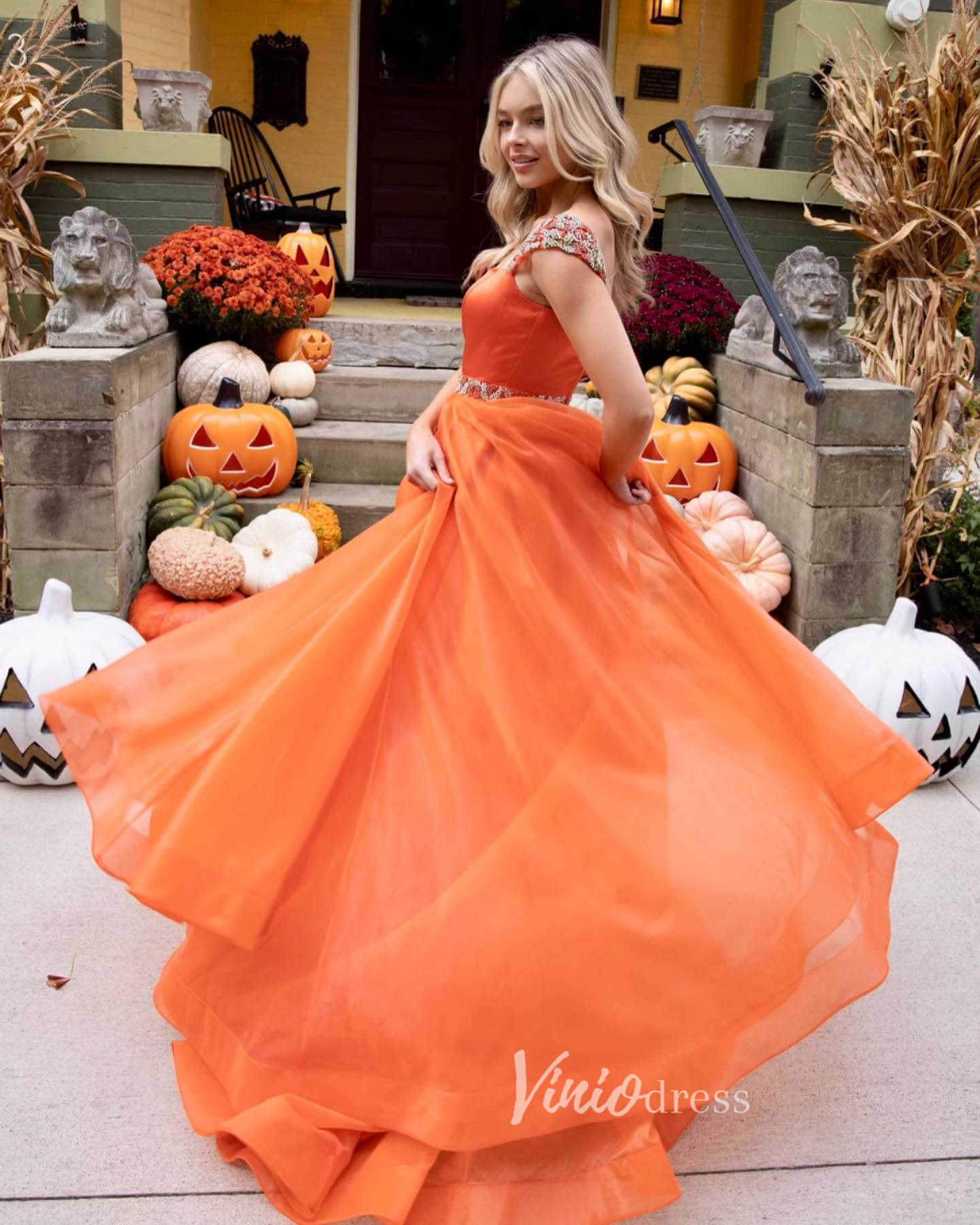 Long Pumpkin Orange Prom Dresses 2024 Beaded Organza Evening Gowns FD3123-prom dresses 2025 -Viniodress-Orange-Custom Size-