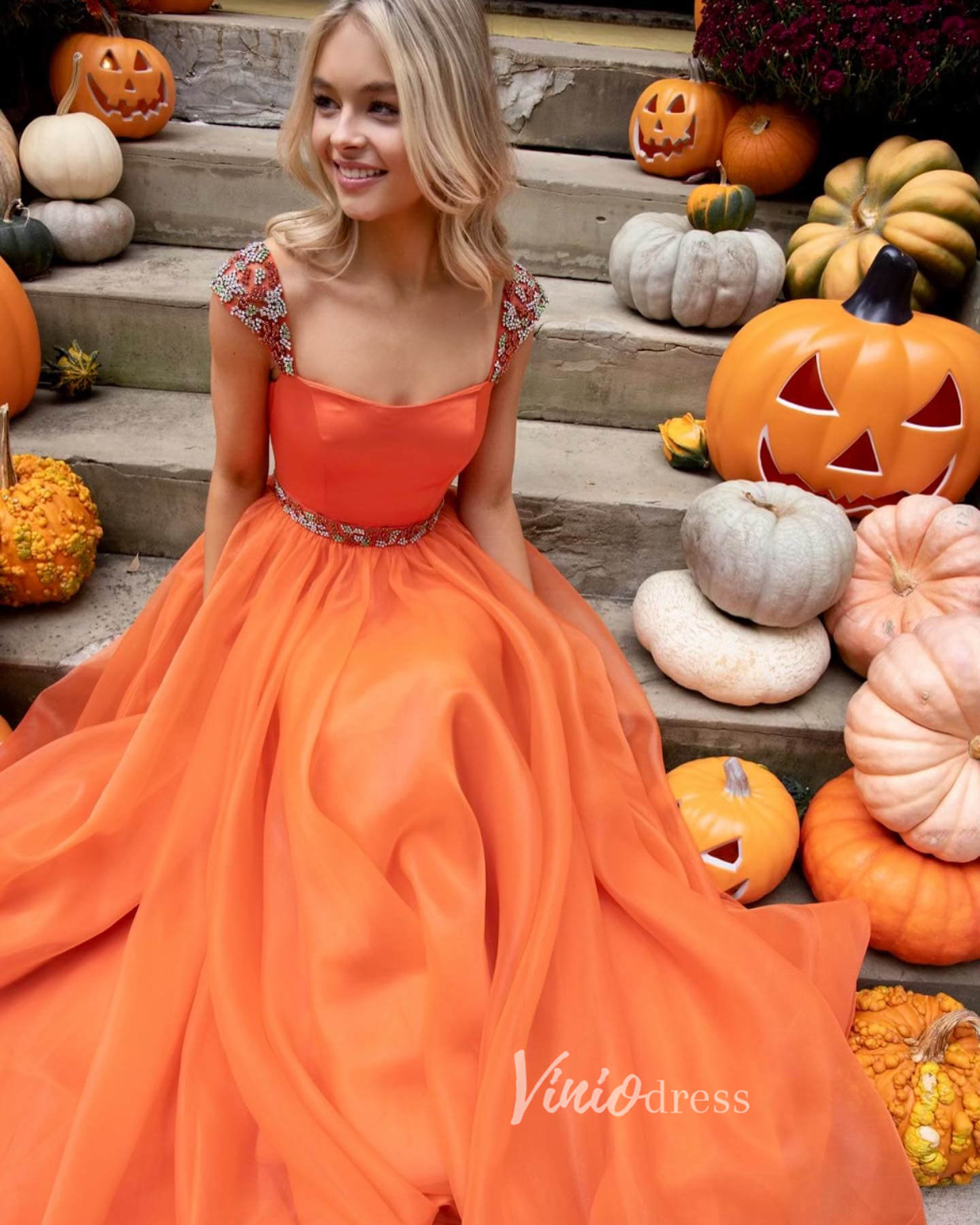 Long Pumpkin Orange Prom Dresses 2024 Beaded Organza Evening Gowns FD3 –  Viniodress