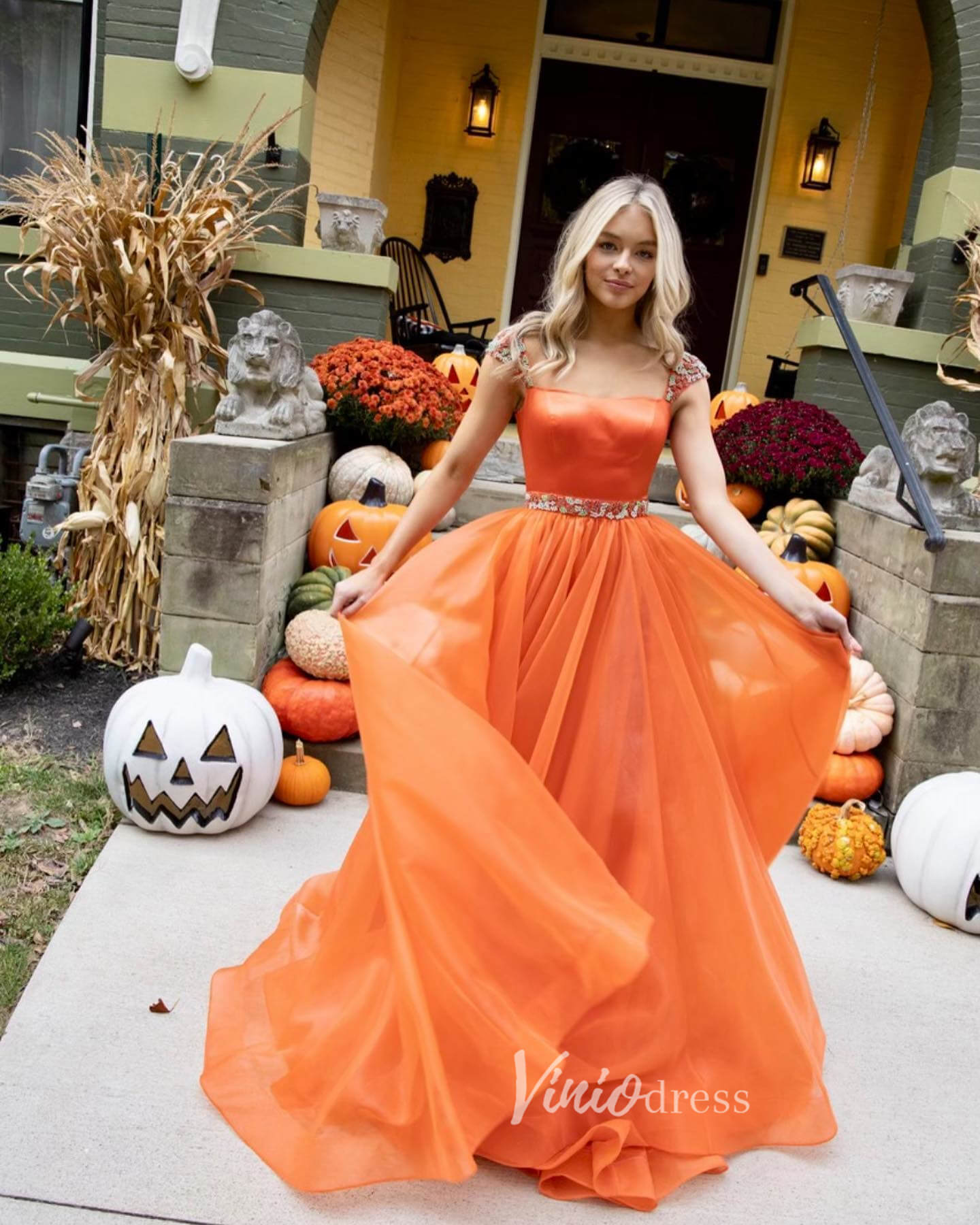 Prom Dress 2025 Long Pumpkin Orange Prom Dresses 2024 Beaded Organza Evening Gowns FD3123-unique prom dresses-Orange-Custom Size-Viniodress