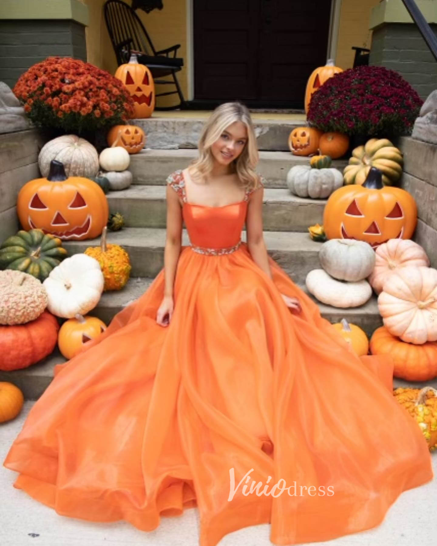 Prom Dress 2025 Long Pumpkin Orange Prom Dresses 2024 Beaded Organza Evening Gowns FD3123-unique prom dresses-Orange-Custom Size-Viniodress