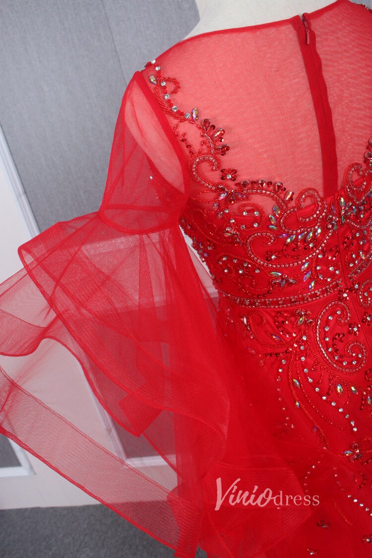 Long Ruffle Sleeve Evening Dress Vintage Beaded Prom Dress FD2478-Evening Dresses 2025 -Viniodress-Champagne-US 2-