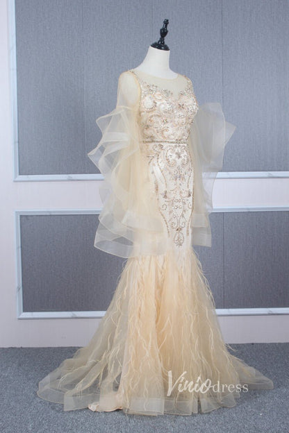 Long Ruffle Sleeve Evening Dress Vintage Beaded Prom Dress FD2478-Evening Dresses 2025 -Viniodress-Champagne-US 2-
