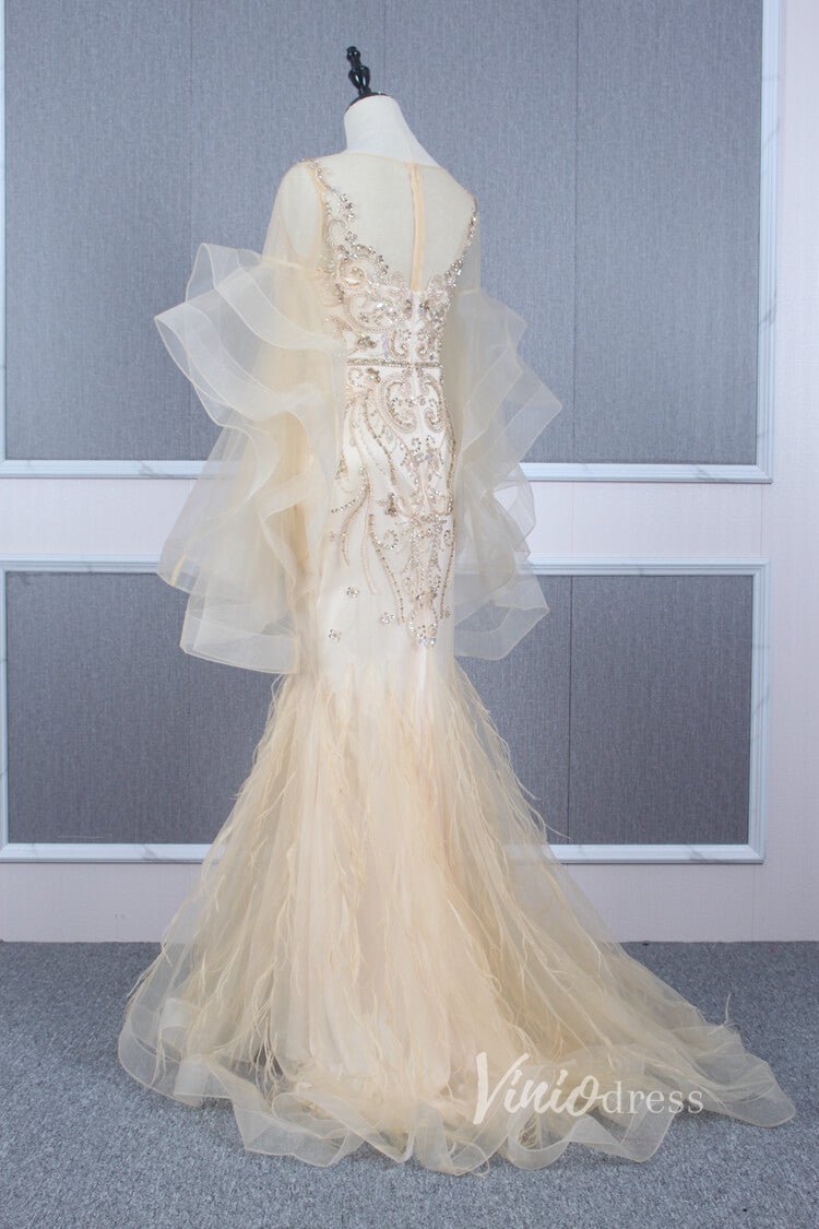 Long Ruffle Sleeve Evening Dress Vintage Beaded Prom Dress FD2478-Evening Dresses 2025 -Viniodress-Champagne-US 2-
