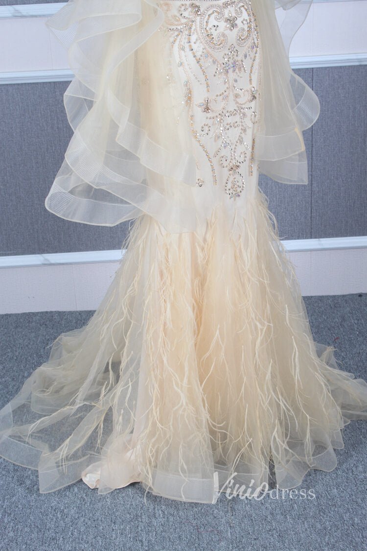 Long Ruffle Sleeve Evening Dress Vintage Beaded Prom Dress FD2478-Evening Dresses 2025 -Viniodress-Champagne-US 2-