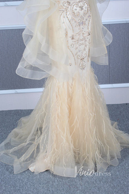 Long Ruffle Sleeve Evening Dress Vintage Beaded Prom Dress FD2478-Evening Dresses 2025 -Viniodress-Champagne-US 2-