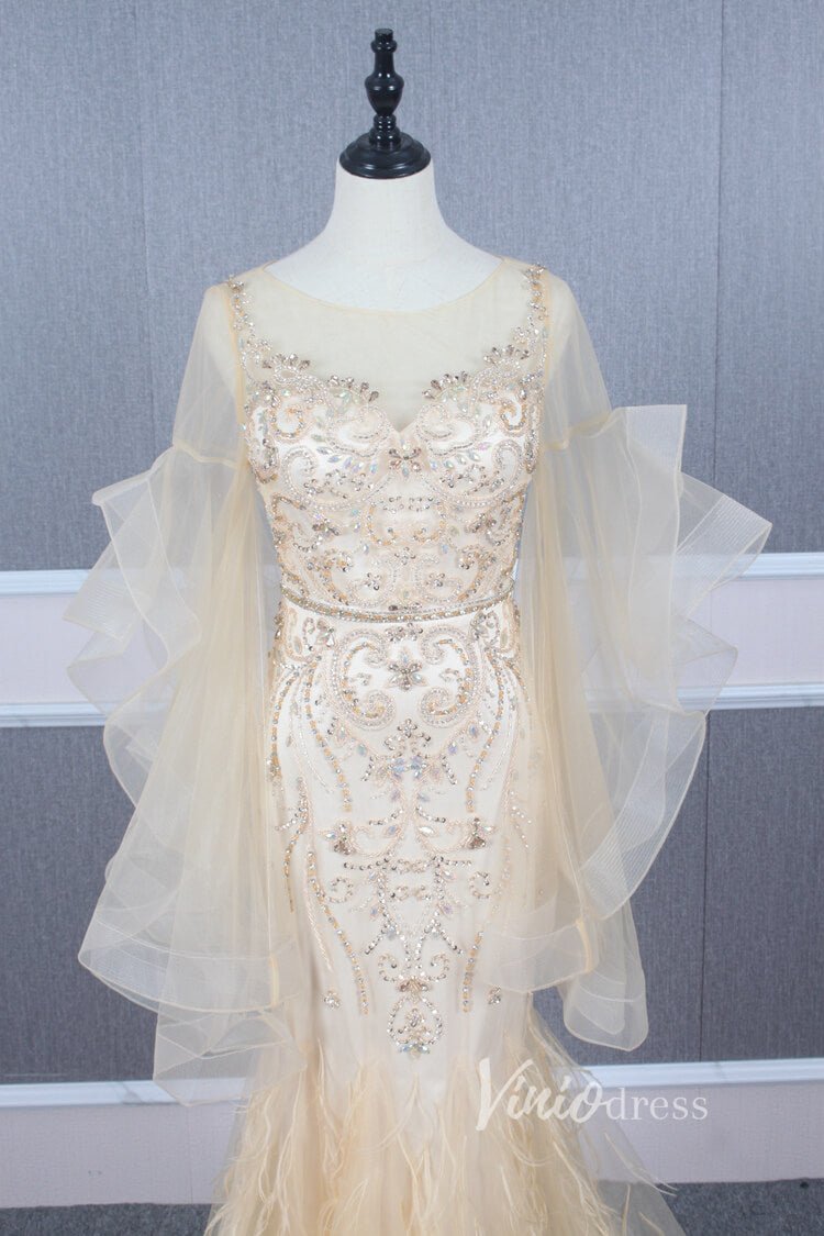 Long Ruffle Sleeve Evening Dress Vintage Beaded Prom Dress FD2478-Evening Dresses 2025 -Viniodress-Champagne-US 2-