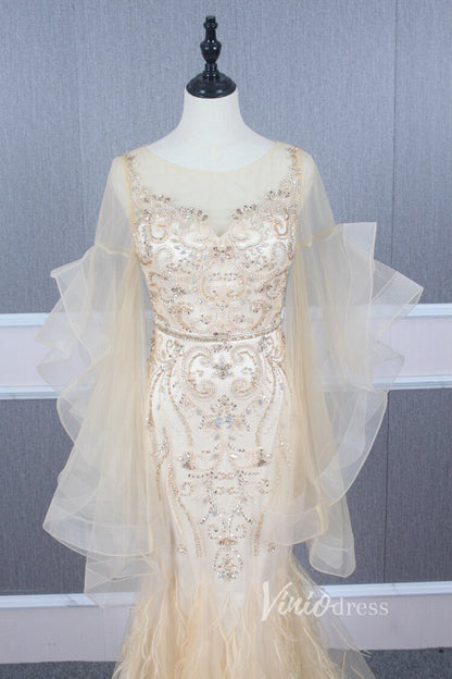 Long Ruffle Sleeve Evening Dress Vintage Beaded Prom Dress FD2478-Evening Dresses 2025 -Viniodress-Champagne-US 2-