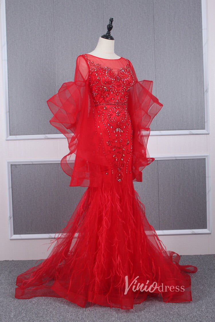 Long Ruffle Sleeve Evening Dress Vintage Beaded Prom Dress FD2478-Evening Dresses 2025 -Viniodress-Champagne-US 2-