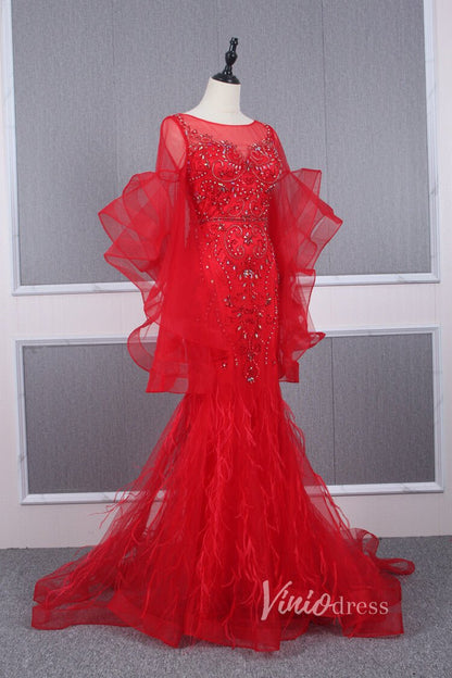 Long Ruffle Sleeve Evening Dress Vintage Beaded Prom Dress FD2478-Evening Dresses 2025 -Viniodress-Champagne-US 2-