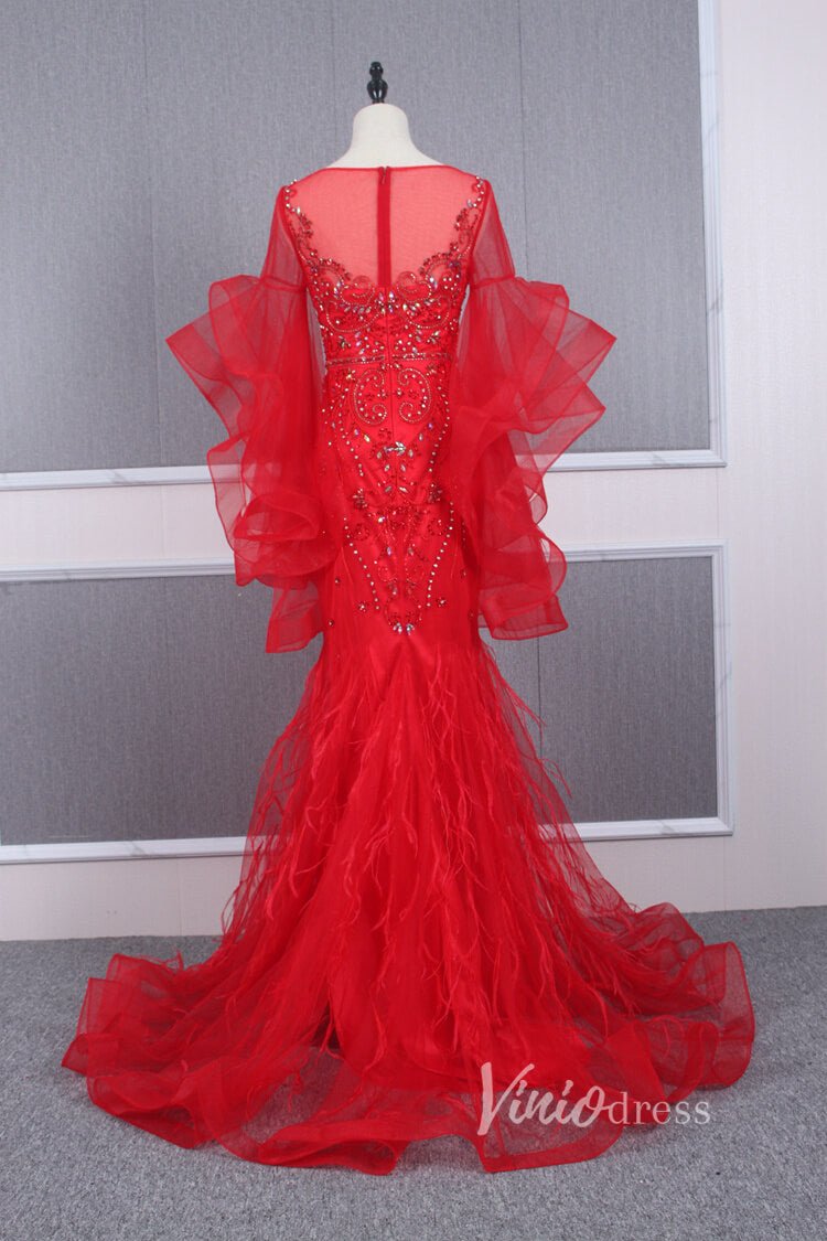 Long Ruffle Sleeve Evening Dress Vintage Beaded Prom Dress FD2478-Evening Dresses 2025 -Viniodress-Champagne-US 2-