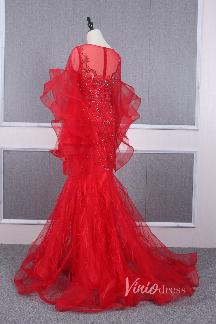 Long Ruffle Sleeve Evening Dress Vintage Beaded Prom Dress FD2478-Evening Dresses 2025 -Viniodress-Champagne-US 2-