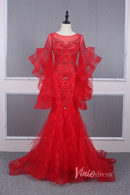 Long Ruffle Sleeve Evening Dress Vintage Beaded Prom Dress FD2478-Evening Dresses 2025 -Viniodress-Red-US 2-