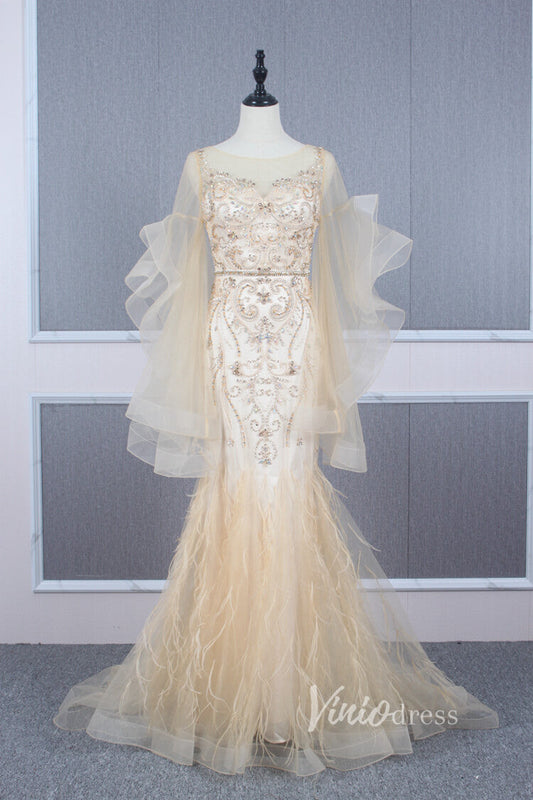 Prom Dress 2025 Long Ruffle Sleeve Evening Dress Vintage Beaded Prom Dress FD2478-unique prom dresses-Champagne-US 2-Viniodress