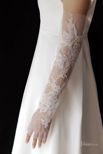 Long Sheer Tulle Bridal Gloves with Lace Appliques, Fingerless Wedding Gloves for Brides WG154-Bridal Gloves 2026-Viniodress-Ivory-