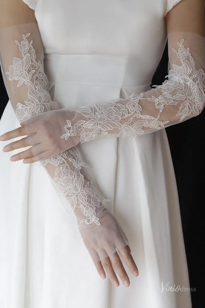 Long Sheer Tulle Bridal Gloves with Lace Appliques, Fingerless Wedding Gloves for Brides WG154-Bridal Gloves 2026-Viniodress-Ivory-